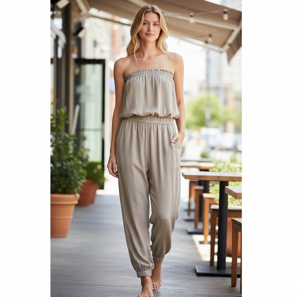 Aritzia SUNDAY BEST strapless jumpsuit women S taupe beige rayon elastic waist